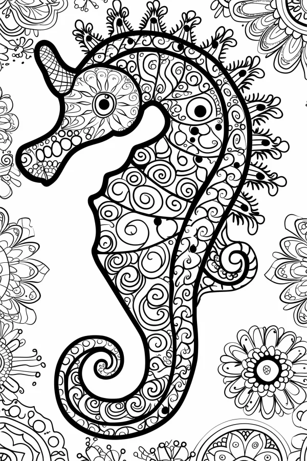 Mandala-style seahorse, zentangle and mandala art style — free printable creativity coloring book page