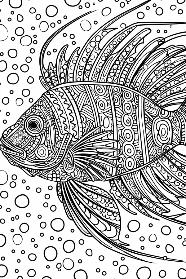 Zentangle-style lionfish (marine creature), with intricate repeating symmetrical patterns — free printable marine life coloring book page