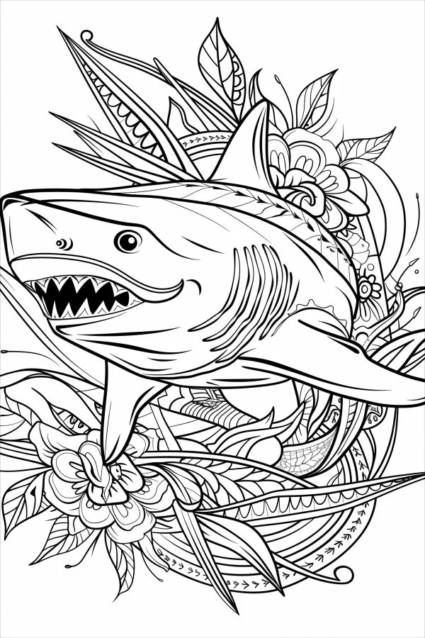 Mandala style shark, surrounded by intricate flowers and vines — free printable creativity coloring book page
