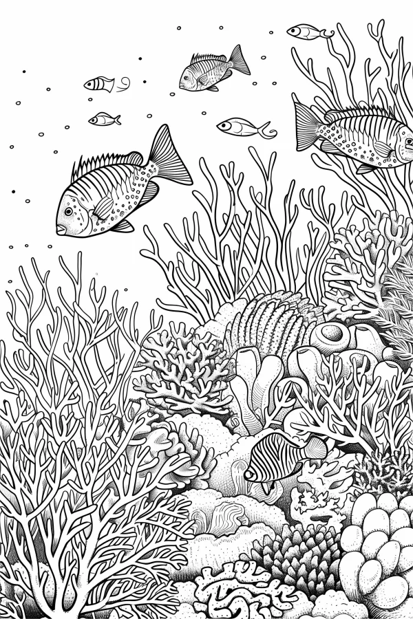 Underwater scene with tropical fish and various corals, realistic line art style — free printable marine life coloring book page