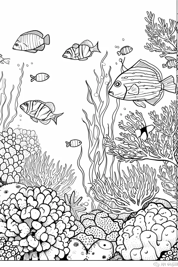 Coloring book page, underwater scene with various tropical fish and coral reefs — free printable marine life coloring book page