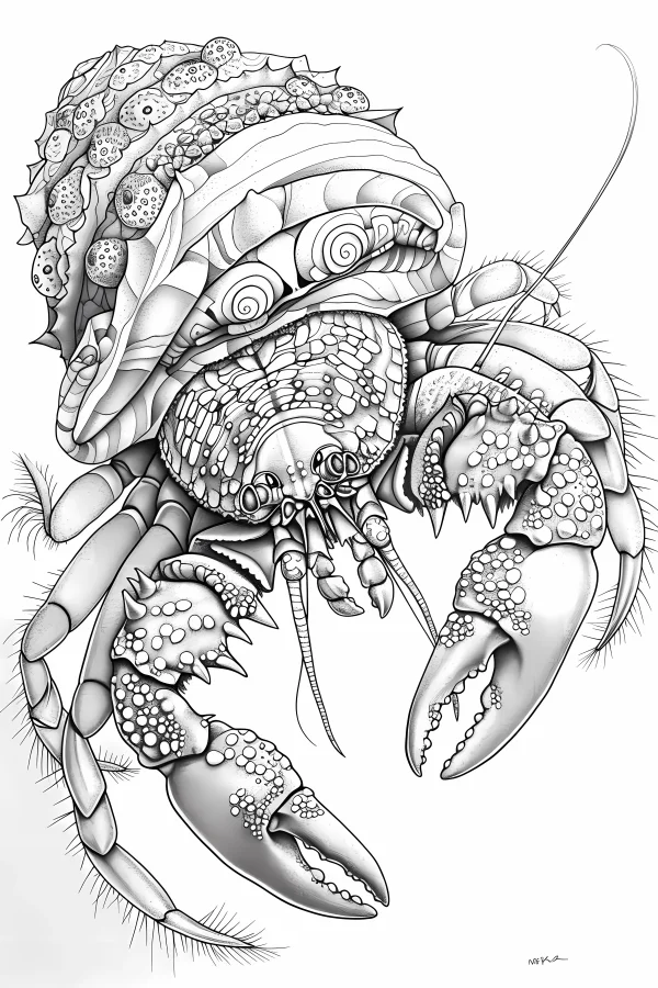 Decorative hermit crab with intricate textured shell and legs, realistic line art style — free printable marine life coloring book page
