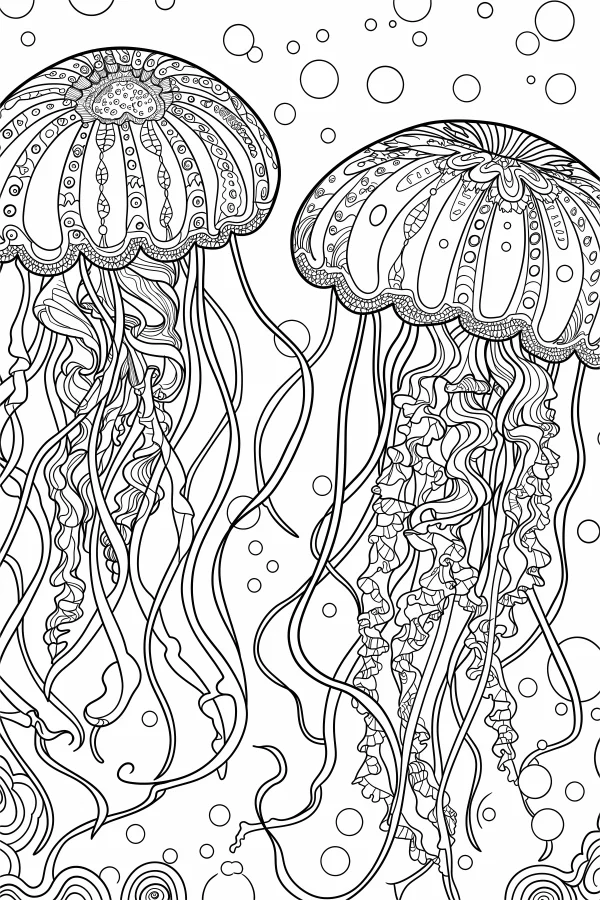 Zentangle-style jellyfish, underwater scene with floating bubbles — free printable marine life coloring book page
