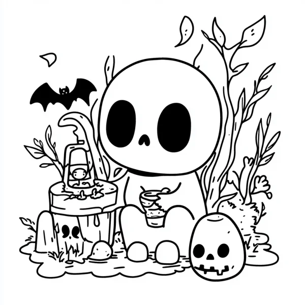 Cute cartoon big skeleton, cartoon style — free printable horror coloring book page