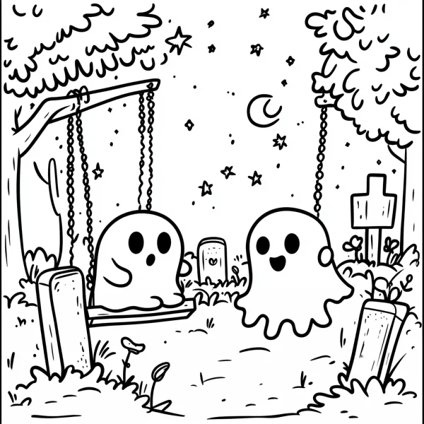 Cute cartoon ghosts in graveyard, one ghost sitting on swing — free printable horror coloring book page