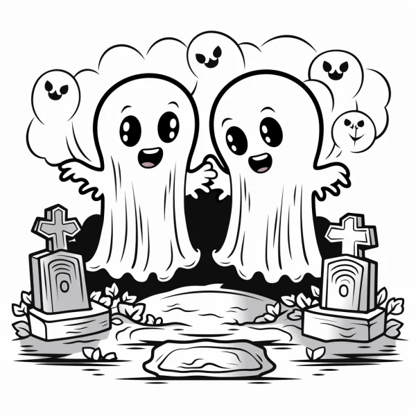Cute cartoon ghosts, cemetery scene with tombstones and crosses — free printable halloween coloring book page