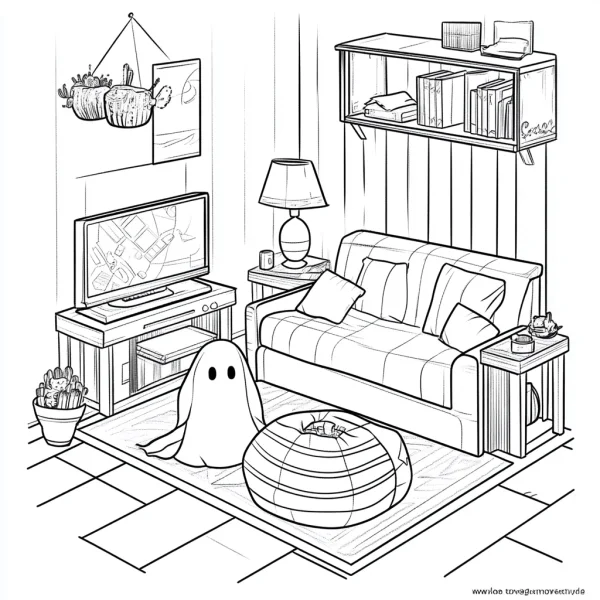 Coloring book page, cute little ghost in a cozy living room — free printable family coloring book page