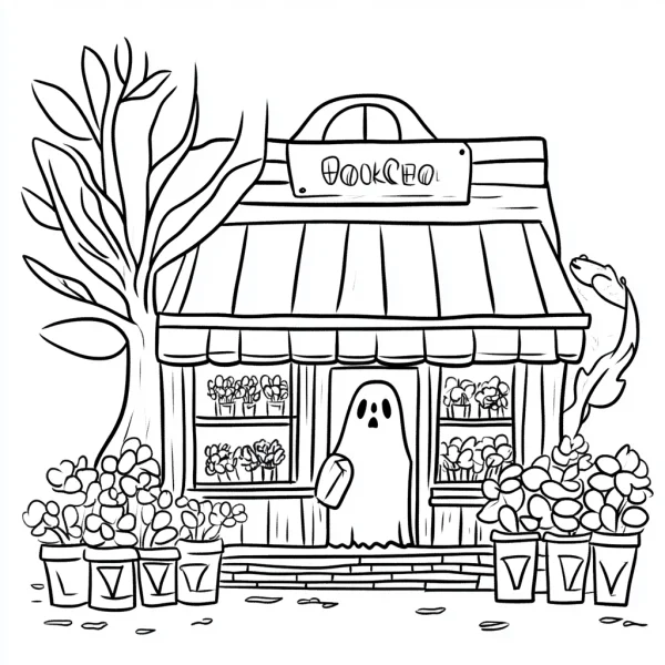 Cute ghost standing in front of a cozy bookshop, cartoon style — free printable reading coloring book page