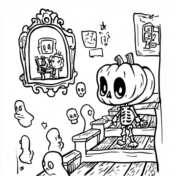 Cute pumpkin-headed skeleton, cartoon style — free printable horror coloring book page