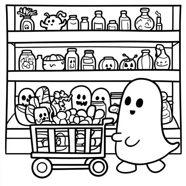 Cute ghost pushing shopping cart, cartoon style — free printable shopping coloring book page