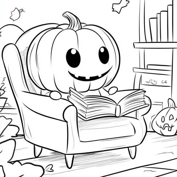 Cartoon pumpkin character sitting in armchair reading a book, cartoon style — free printable halloween coloring book page