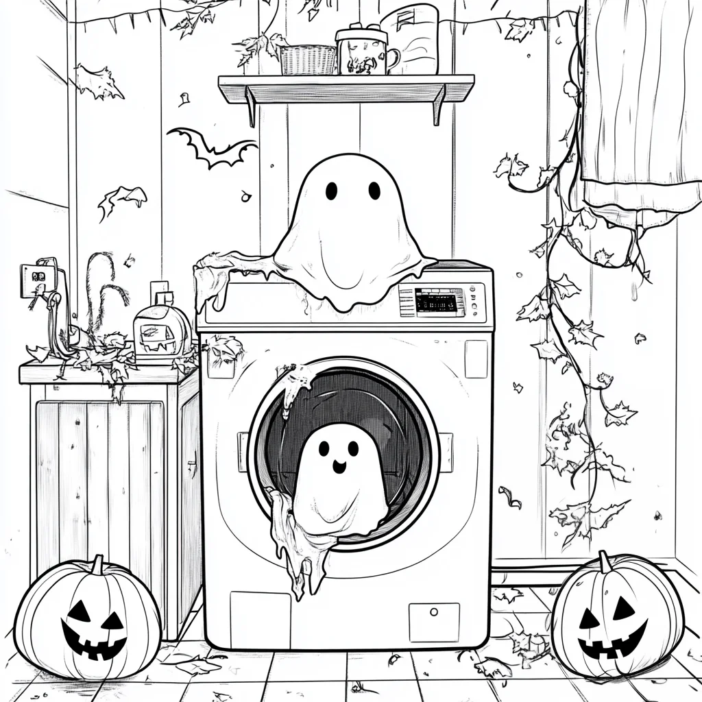 Cute ghosts in laundry room with jack-o'-lanterns, cartoon style — cartoon style — moderate detail — line art coloring page — for kids and adults of all ages