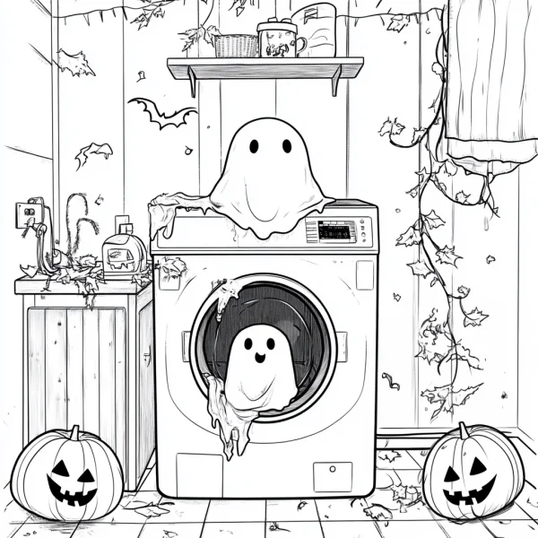 Cute ghosts in laundry room with jack-o'-lanterns, cartoon style — free printable halloween coloring book page
