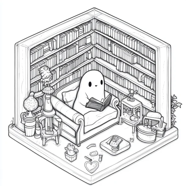 Cute ghost reading a book on a sofa in a cozy isometric home library, cartoon fantasy style — free printable reading coloring book page