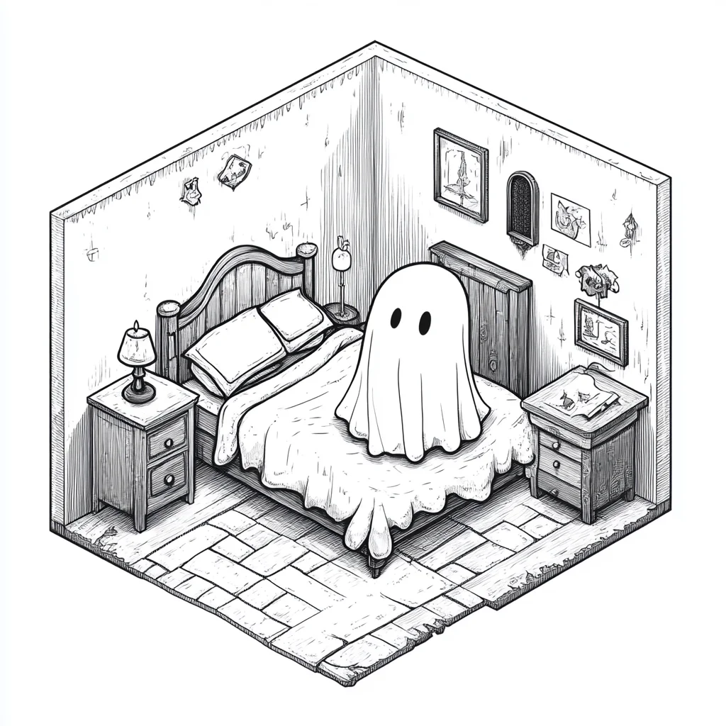 Cute ghost sitting on bed in an isometric bedroom, cartoon style — cartoon style — moderate detail — line art coloring page — for kids and adults of all ages