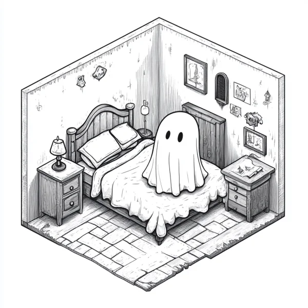 Cute ghost sitting on bed in an isometric bedroom, cartoon style — free printable home coloring book page