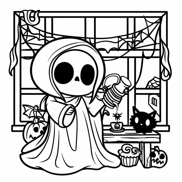 Cute cartoon grim reaper, halloween theme — free printable horror coloring book page