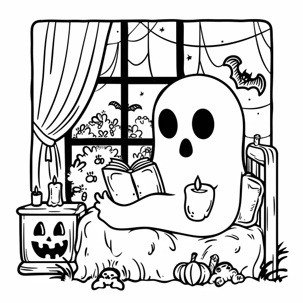 Cute ghost reading a book in bed, cartoon style — free printable halloween coloring book page
