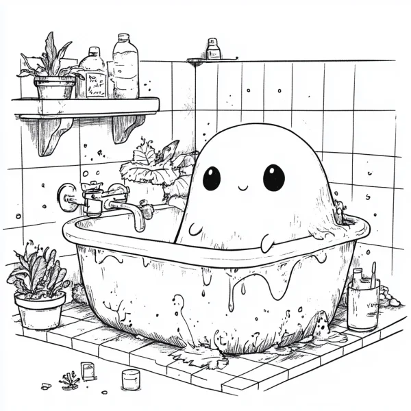 Cute cartoon ghost taking a bath in a bathtub, bathroom scene with potted plants and toiletries — free printable fantasy creatures coloring book page