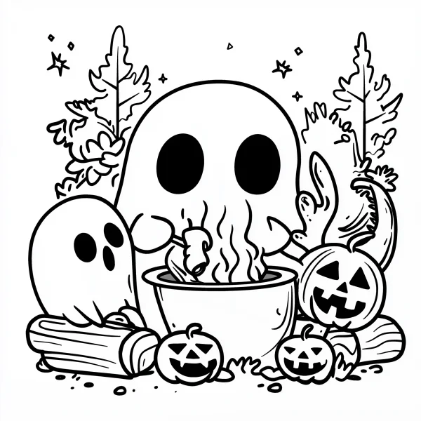 Cute cartoon ghosts with jack-o'-lanterns, cartoon style — free printable halloween coloring book page