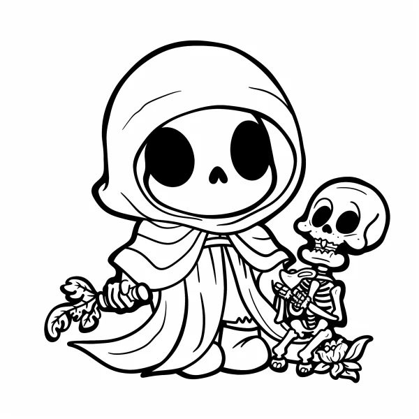 Cute chibi grim reaper with small skeleton, cartoon style — free printable horror coloring book page