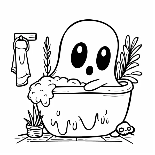 Cute ghost taking a bath in a bathtub, cartoon style — free printable life coloring book page