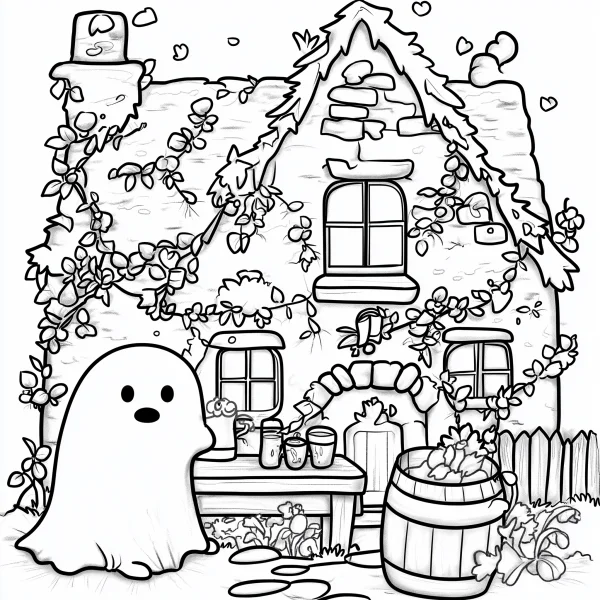 Cute ghost with cozy countryside cottage, cartoon fairy tale style — free printable country life coloring book page