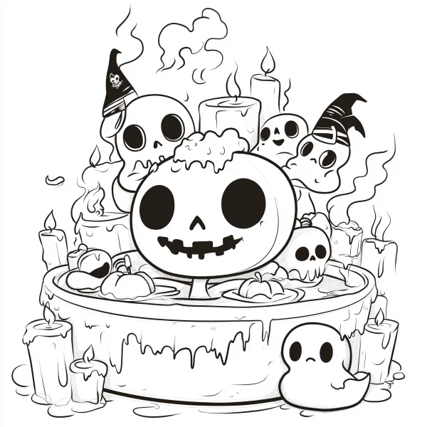 Cute cartoon pumpkin skull surrounded by skeletons and ghosts, halloween theme — free printable horror coloring book page