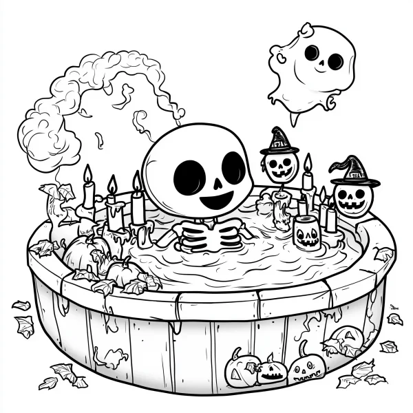 Cute cartoon skeleton soaking in a wooden hot tub, cartoon style — free printable halloween coloring book page
