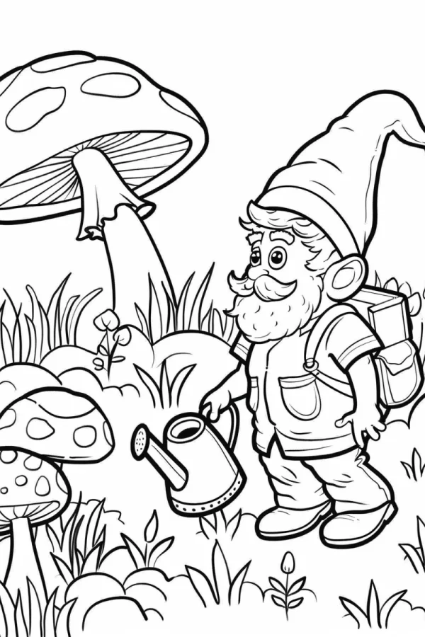 Garden gnome holding a watering can, cartoon style — free printable gardening coloring book page