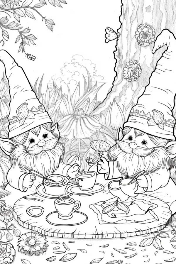 Two garden gnomes having afternoon tea on a tree stump table, cartoon illustration style — free printable life coloring book page