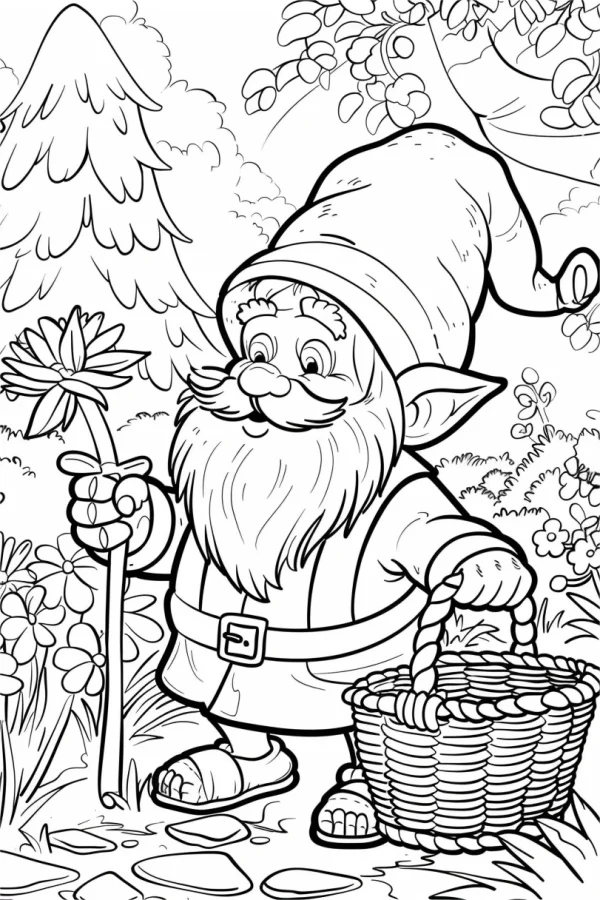 Cute garden gnome holding a flower and a wicker basket, cartoon style — free printable outdoor coloring book page