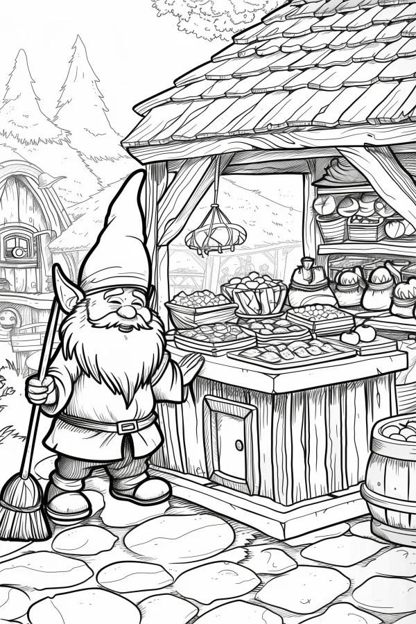 Coloring book page, gnome holding a broom standing by a market stall with various foods — free printable life coloring book page