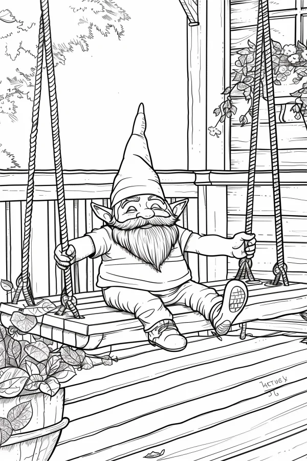 Gnome sitting on porch swing, cartoon style — free printable life coloring book page