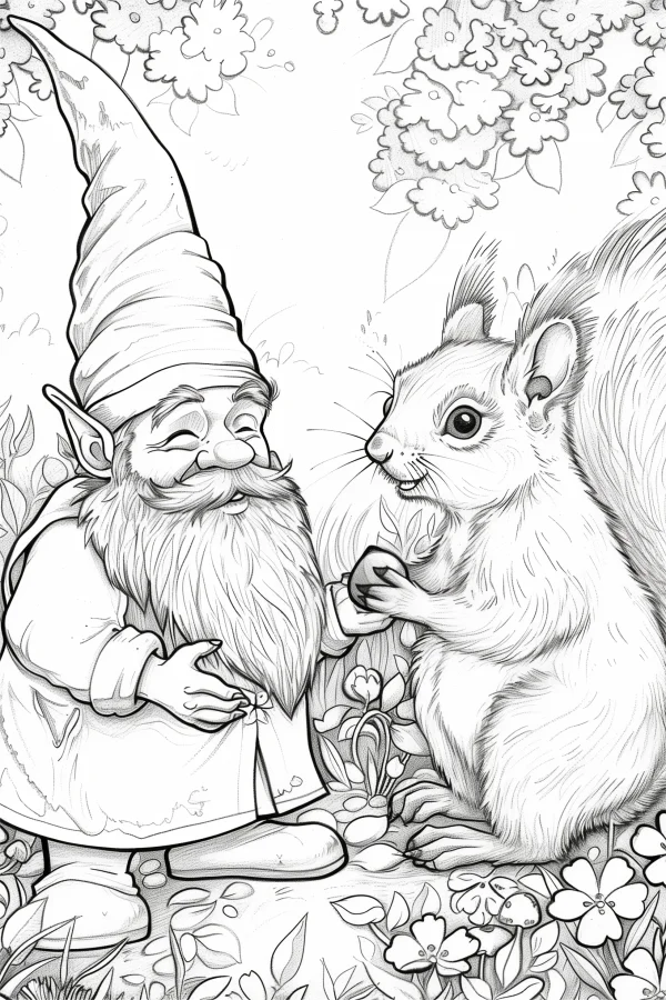 Coloring book page, cute gnome and squirrel interacting in a garden — free printable friendship coloring book page