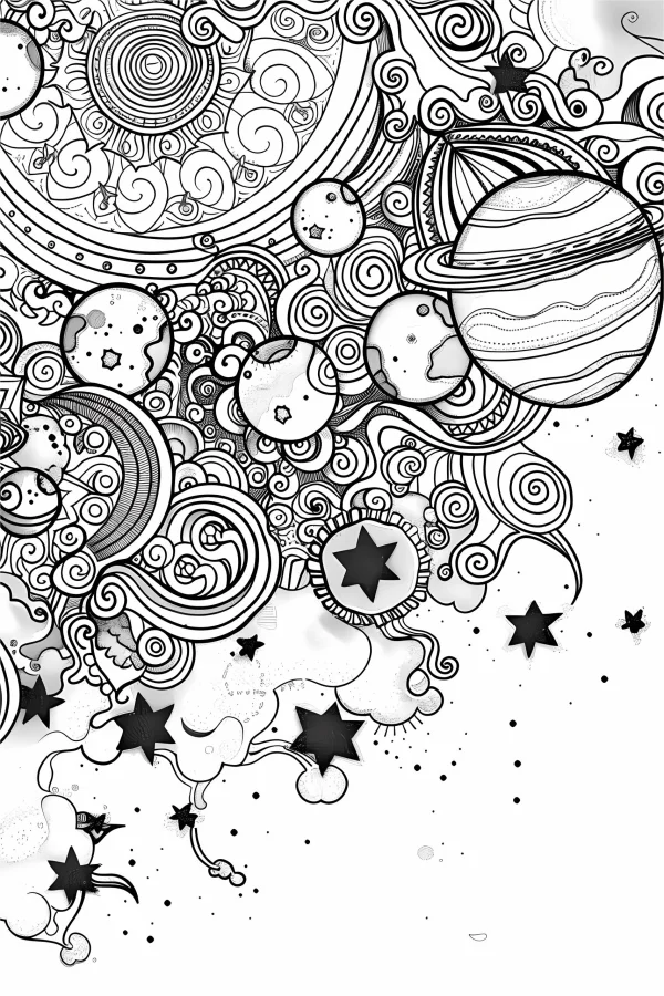 Zentangle-style space scene with planets, crescent moon and stars — free printable sci-fi coloring book page