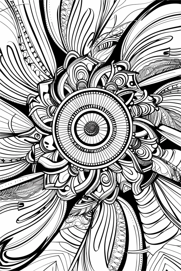 Abstract mandala zentangle pattern, intricate symmetric and repetitive spiral designs with organic curved lines — free printable abstract theme coloring book page