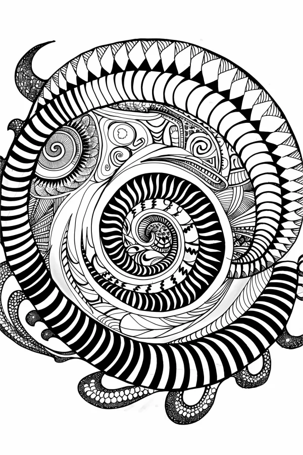 Abstract zentangle mandala with spiral and geometric patterns, zentangle art style — free printable art coloring book page