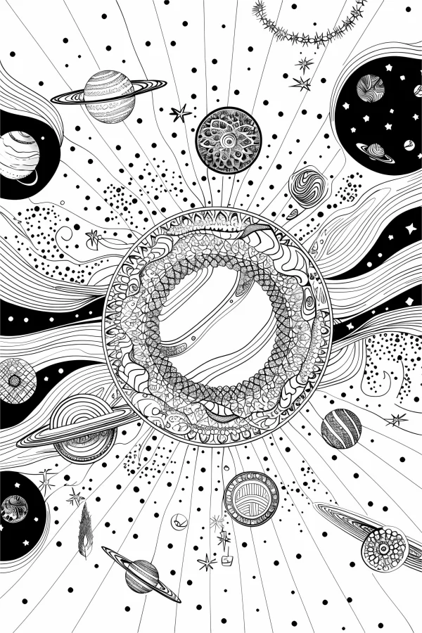 Ouroboros in mandala frame, space scene with various planets — free printable universe coloring book page