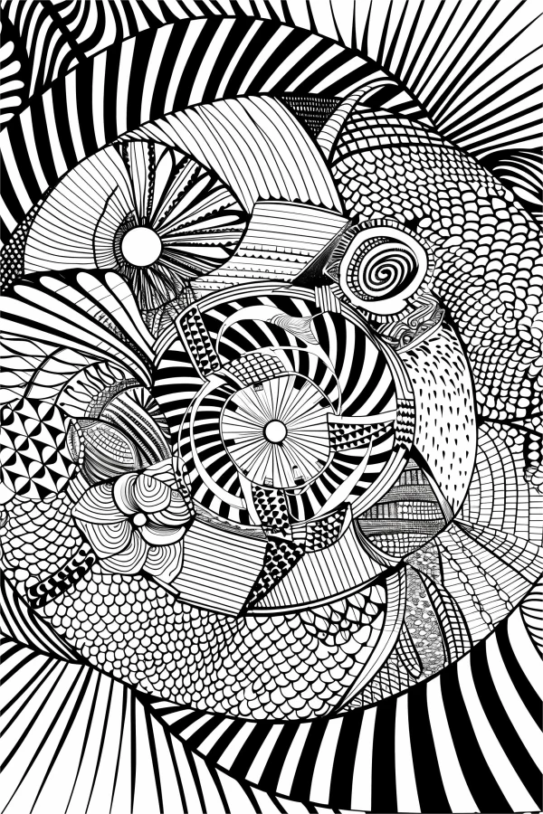 Mandala zentangle abstract pattern, intricate mixed geometric and organic line designs — free printable abstract coloring book page