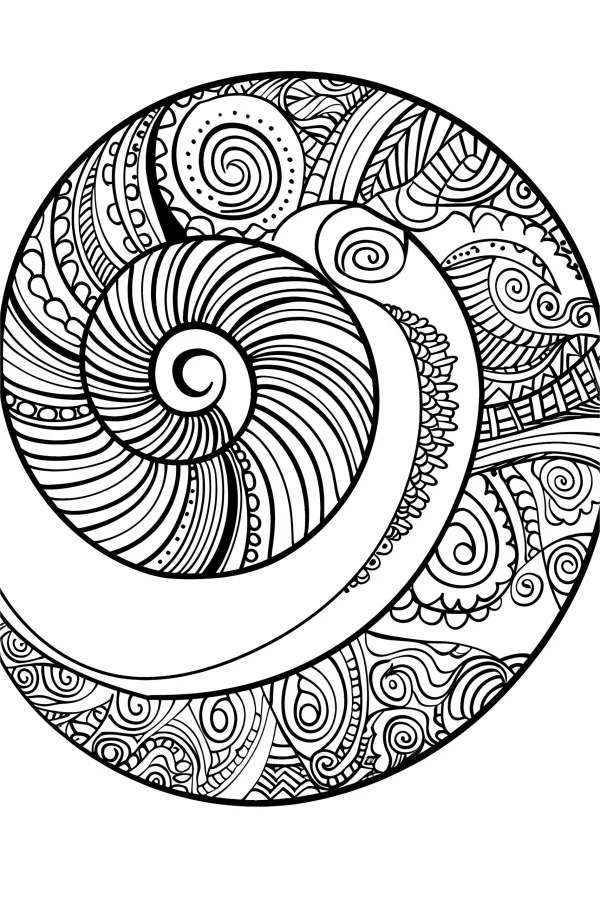 Spiral mandala zentangle pattern, abstract art style — free printable abstract coloring book page
