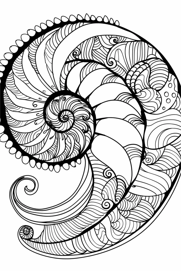 Zentangle-style nautilus shell, intricate spiral and wave patterns — free printable art coloring book page