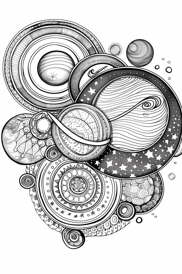 Coloring book page, cosmic planet combination with zentangle patterns — free printable imagination coloring book page