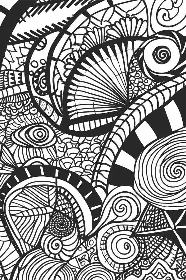 Abstract zentangle patterns, intricate line art with spiral — free printable creativity coloring book page