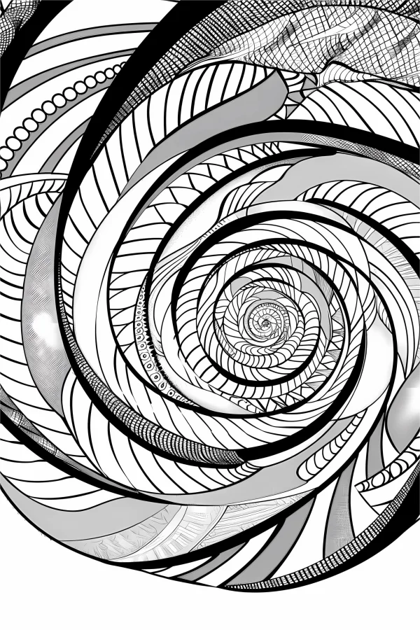 Spiral zentangle abstract pattern, zentangle art style — free printable abstract coloring book page