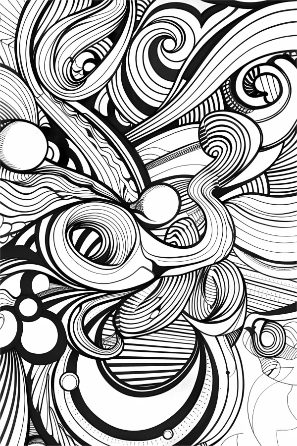 Abstract zentangle line art composition, intricate swirling curves and repetitive geometric patterns — free printable abstract coloring book page