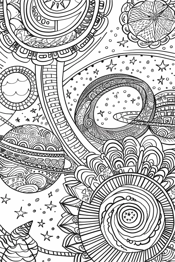Fantasy cosmic planet patterns, abstract and psychedelic style — free printable imagination coloring book page