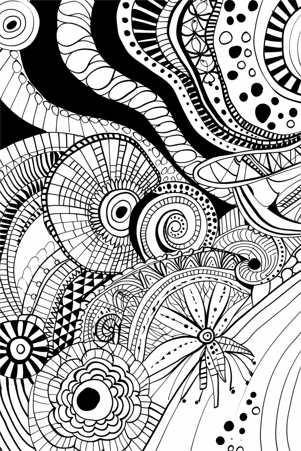 Abstract zentangle mandala pattern, intricate geometric and organic repetitive symmetrical designs — free printable abstract coloring book page