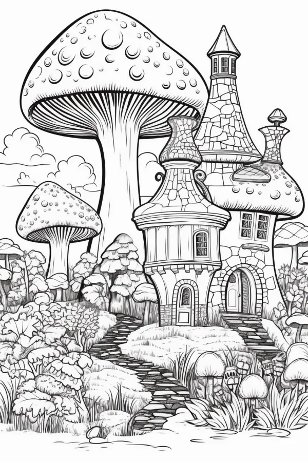Mushroom fairy cottage, fairy tale cartoon style — free printable forest coloring book page