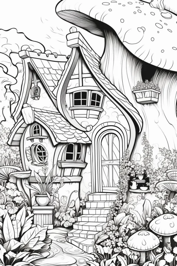 Fairy tale mushroom cottage, whimsical fairy tale style — free printable imagination coloring book page